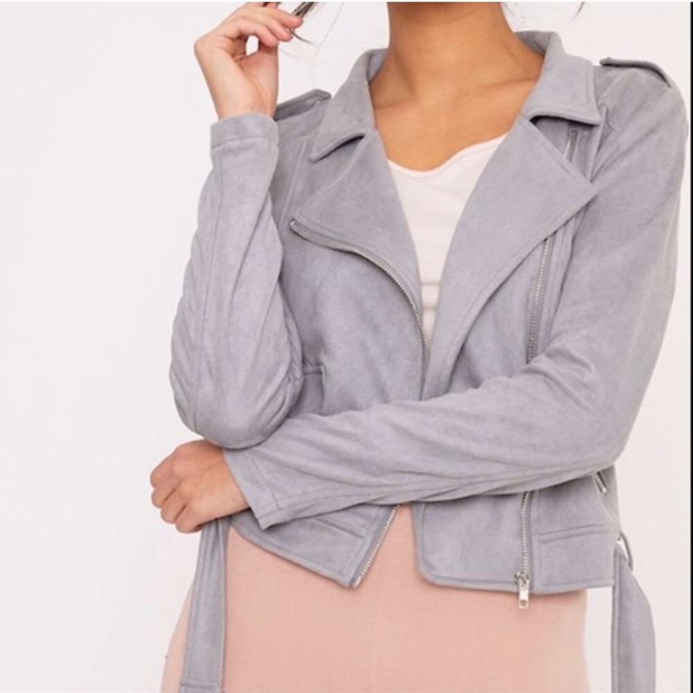 Grey Faux Suede Biker Jacket